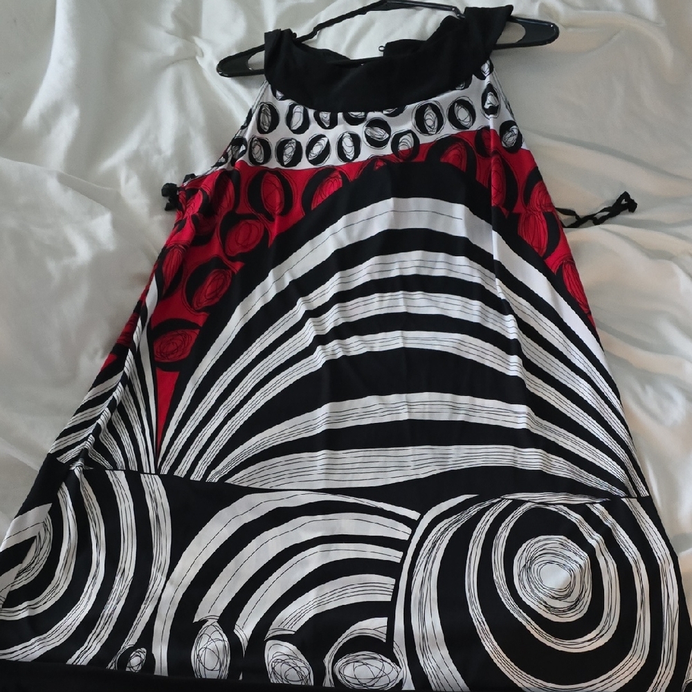 Black and White Geometric Dress with Red Accents